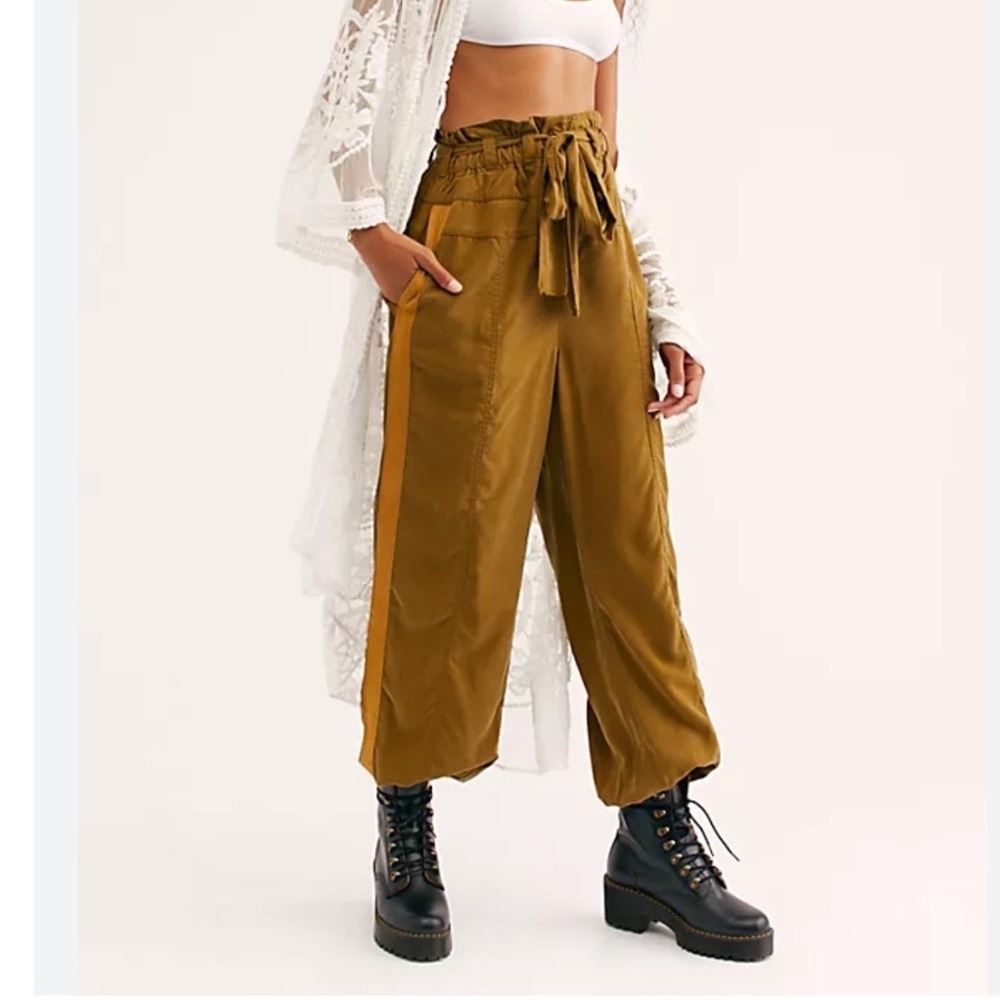 Free People tie waist Jogger Pants Womens S Olive Green Side Stripe Paperbag
